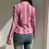 Toloer Retro Pink Striped Long Sleeve Shirt Women's Polo Collar Slim Slim Single Breasted Top-Outfit