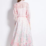 Women's Clothing Two Sets Of Famous Temperament Lantern Cuffs Buckle On The Body Of High-Waist Printing Net Yarn
