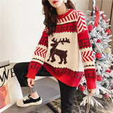 Autumn Winter Red Christmas Sweater Women's Deer Loose plus Size Fashion round Neck Pullover Long Sleeve Knitted Coat Women