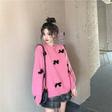 Sweet Sweater Pullover Women Autumn Winter Loose Bow Outwear Knitted Tops O Neck Warm Female Jumper Casual Fashion-Outfit