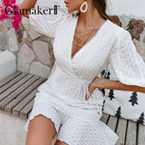 Cotton ruffle white v neck puff sleeve dress Sexy backless casual mini A-line dress Holiday beach summer dress