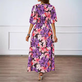 New Floral Print Dress Tight Belt V-Neck Short-Sleeved Dress