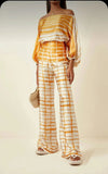 Set Chic Print Lantern Sleeve Two Piece Sets Satin Top Wide Leg Pant Suit Women Off Shoulder Long Sleeve Office Lady Outfit-Outfit