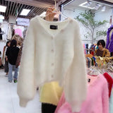 Color Mink Cashmere Pink Cardigan New Korean Autumn Winter Thick Soft Single Breasted Knitting Loose Sweater