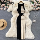 Summer Knitting Dress Women Patwork Casual Body-con Dress Pullovers Simple Step Maxi Long