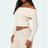 2025 New Knitted Top Women's Clothing Pure Color Collar Shoulder Long-Sleeved Cover Sweater