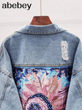 Style Print Women's Denim Jacket Coat Diamonds Hole BF Jeans Outwear Female Spring Autumn Casual Loose Cowboy