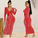 Sexy Nightclub Hot Diamond Mesh Perspective V Collar Long Sleeve Dress Woman-Outfit