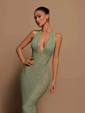 Halter Deep V Neck Sequin Maxi Dress-Outfit