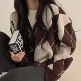 Argyle Print Oversized Preppy Cardigan-Outfit