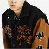 2022 Retro Leather Stitching Baseball Uniform Jacket Female Autumn Winter Couple Embroidered Long Sleeve Hip Hop Bomber