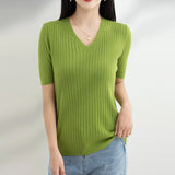 Toloer The Summer Of 2024, Women's Knit Short Sleeve Korean V-Neck Solid Color T-Shirt And A Pit Top-Outfit