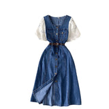Dress Women's 2025 Summer Dress New Design Collar Bubble Sleeve Splicing Age-Sensitive Fashion Denim Long
