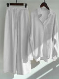 Linen Shirts Wide Leg Elastic Waist Pants Women Casual Sets Elegant Loose Long Sleeve Lapel 2023 Autumn Shirt Y2k Suit-Outfit