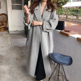 Aachoae Women Elegant Solid Color Long Wool Coat With Belt Long Sleeve Turn Down Collar Coats Female Autumn Winter