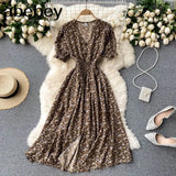 button floral print V Neck Long Dress Summer Party elastic waist dress Women elegant tunic split beach