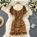 2021 Summer Chiffon Floral Dress Women Sexy Short Beach Dresses French Boho Daisy Print Vacation Party Ruched