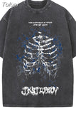 New Water Wash Y2k Harajuku T-shirt Anime Skeleton Printed Cotton T-shirt Kawaii Women's Goth Old Craft Short Sleeve