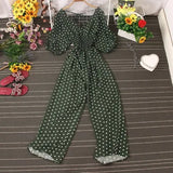 Jumpsuit Women Casual Elegant Polka Dot Puff Sleeve High Waist Chiffon Wide Leg Playsuit Female Rompers