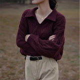 Collar French Retro Twist Sweater Female Autumn Winter 2023 New Loose Wear Lazy Wind Show Thin Sweater-Outfit