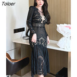 Women Evening Dress Mujer Black Floral Hollow See Through Sexy O-Neck Midi Dresses Party Gown Robe Femme Vestidos