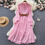 Autumn White/Green/Pink New Lace Embroidery Dress Women Long Sleeve Dresses Female Vintage Party Beach Maxi Long