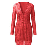 New Women's Ebay Dress Deep V Perspective Long Sleeve Short Dress Sprinkled Gold