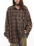 Toloer Couples Retro Badge Plaid Shirt Men And Women 2024 Spring And Autumn New Long Sleeve Versatile Shirt