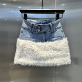 Faux Fur Trim Denim Mini Skirt-Outfit