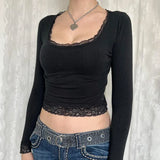 Toloer Girl Y2k Wind Bow Lace T Shirt Female Slim Long Sleeve Square Collar Simple Base Bottom Top-Outfit