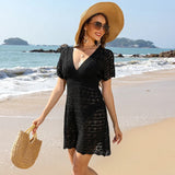New Beach Dress Corrugated Hollow Dress Deep V Elastic Waist Hot Beach