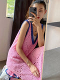 Fashion Pink Knit Hollow Out Dress Summer New Women Sexy Sleeveless V-Neck Long Knitting