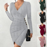 Autumn And Winter New Solid Color V Collar Tight Package Hip Slim Sexy Long-Sleeved Dress Woman-Outfit
