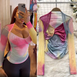 Girls Tie-Dye Mesh Jersey Long-Sleeved T-Shirt Girl Thin Perspective Temperament Fashion Folding