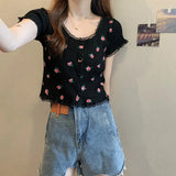 Bubble BM Broken Flower T-Shirt New Short Ins Lace Korean Version Sweet Renoval Sweet Sleeve