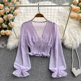 Autumn Fashion Korean Women Blouse Long Sleeve V Neck Elastic Ruched Slim Tops Elegant Streetwear Short