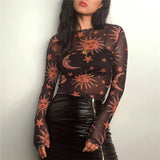 Toloer 2024 Spring Hot Style Long Sleeve Mesh Perspective Round Collar Bottom T-Shirt Women-Outfit - Black / S