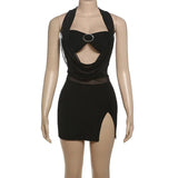 Black Mesh Halter Cut Out Slit Mini Dress-Outfit