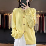 Spring And Autumn New Round Collar Simple Pure Color Temperament Commuting Color Square Buckle Loose Casual Sweater Knitting Cardigan-Outfit