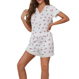 Geist Pajamas Autumn And Summer Sexy V-Neck Lace Cherry Print T-Shirts With Short Sleeve Shorts