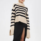 2021 Women Turtleneck Knitted Striped Sweater Autumn Winter New Clothes Ladies Korean Casual Loose Split Pullover Top