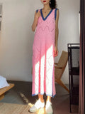 Fashion Pink Knit Hollow Out Dress Summer New Women Sexy Sleeveless V-Neck Long Knitting