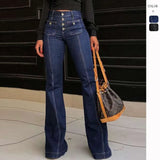 Spring And Summer Retro High-Waist Splicing Water Washing Denim Elastic Repair Trumpet Trousers