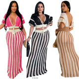 Knitted Suit Woman Sexy V-Necked Leaf Sleeve Top + Striped Ass Skirt