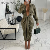 Women Solid Casual Chic Button Sashes Long Sleeves Shirring Maxi Sexy Dresses-Outfit