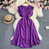Toloer Fly Sleeve Dress Women's Summer New Design Sense V Collar Waist Show Thin Temperament Big Place French Fairy