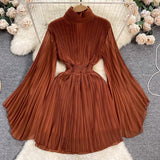 Toloer Of Pleated Horn Sleeve High Collar Dress Female Spring And Summer French Light Luxury Minority Design Sense Of Waist Chiffon