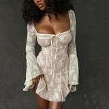 White Square Neck Lace Mesh Long Sleeve Mini Dress-Outfit