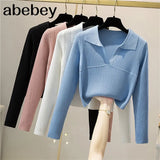Knitted Sweaters Women Retro Turndown-Collar Long Sleeve Slim Basic Tops Winter Casual Bodycon Short