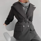 Simple Pockets Parkas Women Fashion Double Breasted Coats Women Solid Tie Belt Notched Cotton Jackets